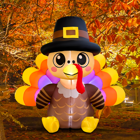 GOOSH 6FT Turkey Thanksgiving Inflatable with Pilgrim Hat and LED Lights