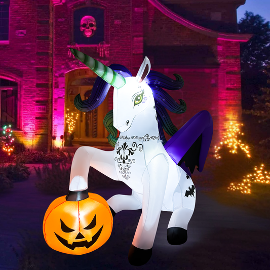 GOOSH 5FT Inflatable Halloween Unicorn with Pumpkin – Light-Up Yard Decoration