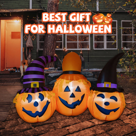 GOOSH 6.5 FT Halloween Inflatables Outdoor Pumpkin Combo with Wizard hat Blow Up Yard Decoration with LED Lights Built-in for Holiday Party Yard Garden