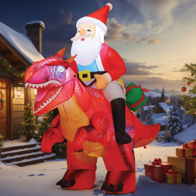 Goosh 5 FT Long Christmas Inflatables Outdoor Decorations, Blow Up Santa Claus Riding Red Dinosaur with Built-in LEDs for Christmas Indoor Outdoor Yard Lawn Garden Decorations