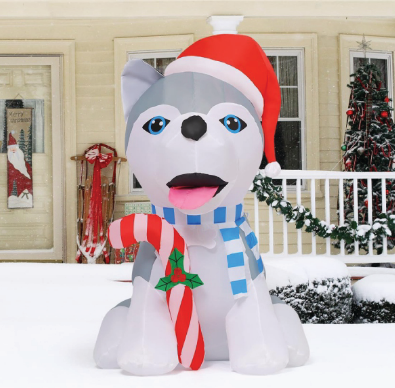 GOOSH 4 FT Christmas Inflatables Dog Outdoor Decorations Blow Up Husky Dogs Holding Candy Cane with Built-in LEDs for Xmas Party Indoor Garden Lawn Decor