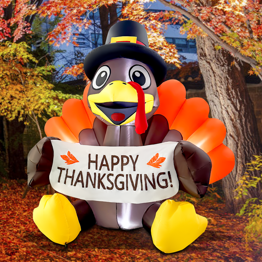 GOOSH 6FT Thanksgiving Turkey Inflatable with Banner, Pilgrim Hat, and LED Lights