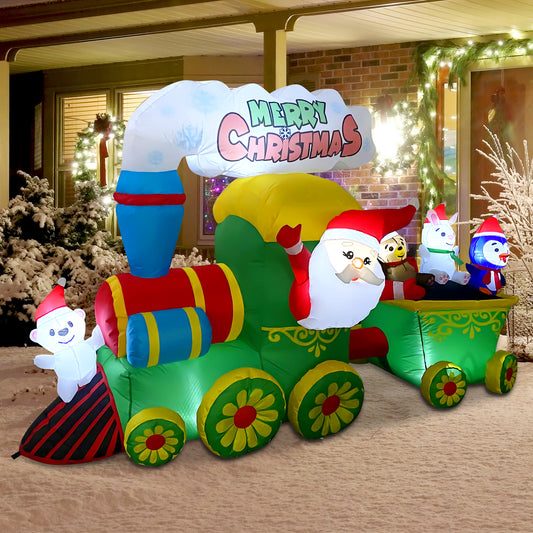 GOOSH 8ft Christmas Inflatables Outdoor Decorations, Blow Up Santa Claus Penguin Bear Rabbit in Train Inflatable with Built-in LEDs for Christmas Indoor Outdoor Yard Lawn Garden Decorations #27263