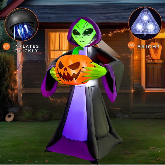 GOOSH 8FT Inflatable Alien Holding Pumpkin – Light-Up Halloween Yard Decoration