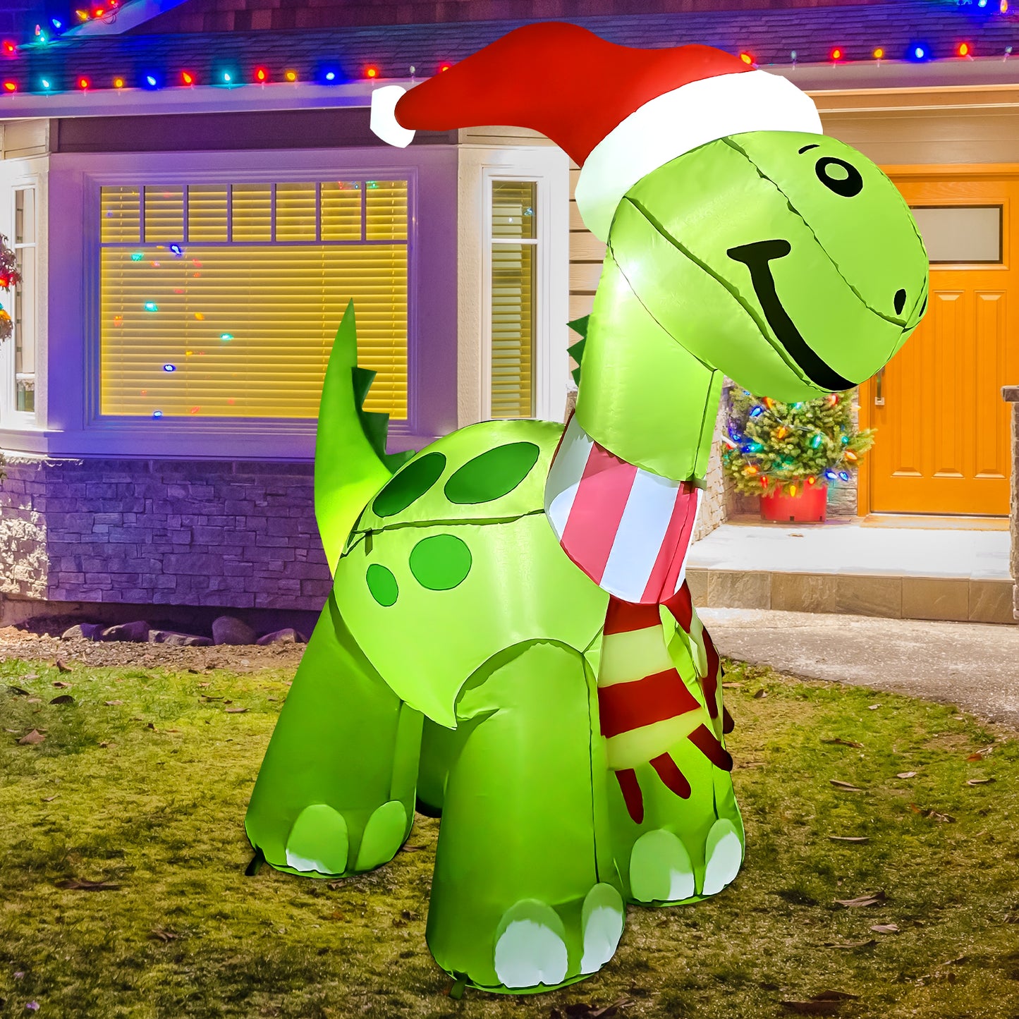 GOOSH 6.2ft Christmas Inflatables Outdoor Decorations, Blow Up Dinosaur Inflatable with Built-in LEDs for Christmas Indoor Outdoor Yard Lawn Garden Decorations