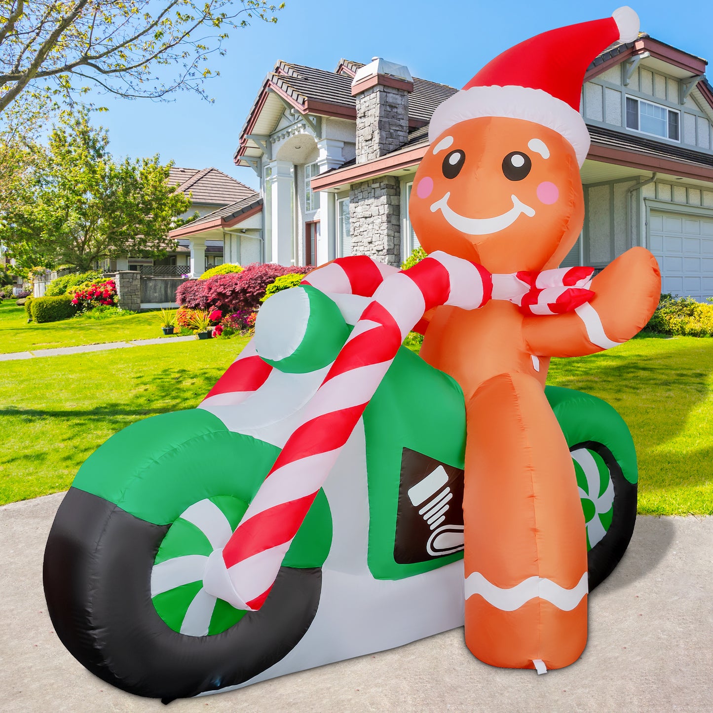 GOOSH 6ft Christmas Inflatables Outdoor Decorations, Blow Up Gingerbread Man On A Motorbike Inflatable with Built-in LEDs for Christmas Indoor Outdoor Yard Lawn Garden Decorations