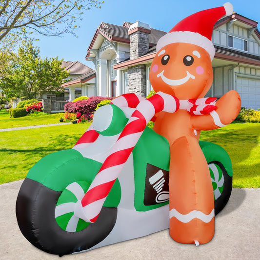 GOOSH 6ft Christmas Inflatables Outdoor Decorations, Blow Up Gingerbread Man On A Motorbike Inflatable with Built-in LEDs for Christmas Indoor Outdoor Yard Lawn Garden Decorations