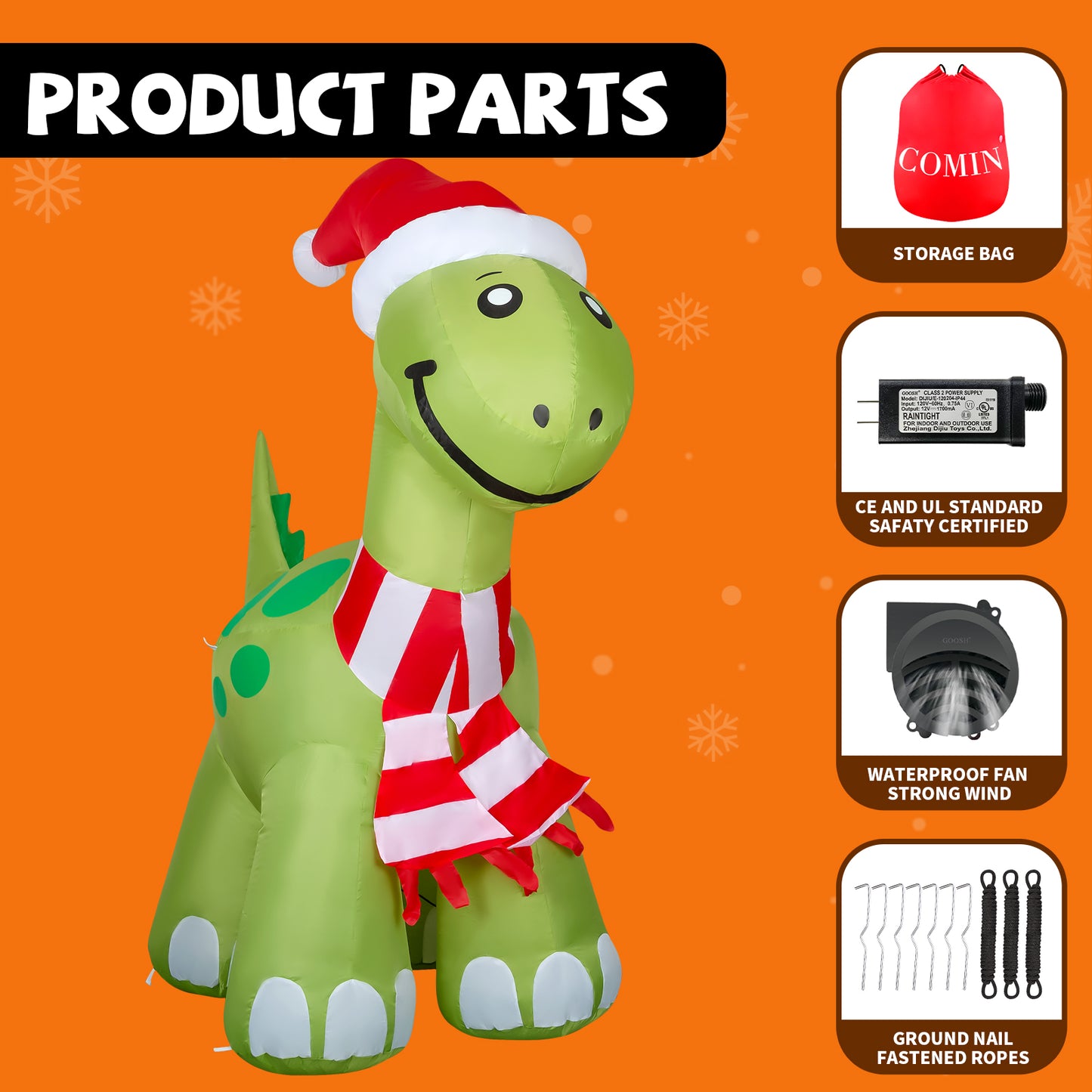 GOOSH 6.2ft Christmas Inflatables Outdoor Decorations, Blow Up Dinosaur Inflatable with Built-in LEDs for Christmas Indoor Outdoor Yard Lawn Garden Decorations