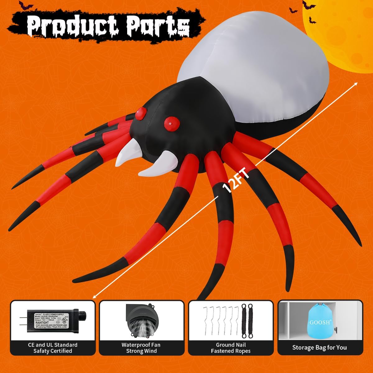 GOOSH 12 FT Width Halloween Inflatable Spider Outdoor Decoration with Magic Light, Blow Up Yard Inflatables Holiday Inflatables for Outdoor Yard Garden Lawn Decor