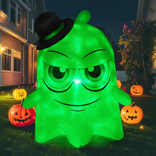 GOOSH Halloween Inflatables 5 FT Green Light Ghost with Big Eyes Halloween Blow Ups Decorations with Built-in Rotating LED Lights for Holiday Party Indoor Outdoor Yard Garden Lawn
