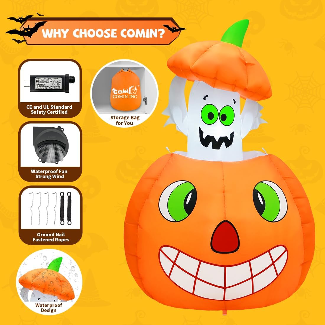 GOOSH 5 FT Halloween Inflatables Animated Pumpkin Ghost Outdoor Decorations Blow Up Yard with Built-in LEDs for Indoor Party Garden Lawn Decor