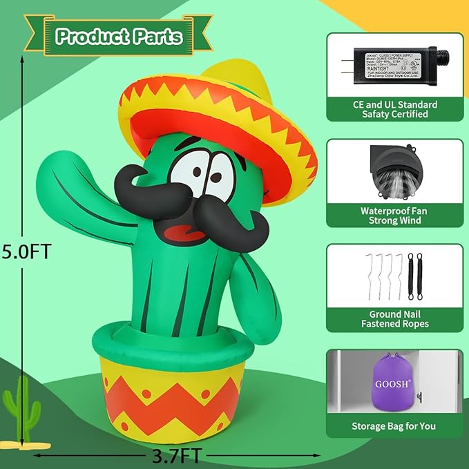 GOOSH 5 FT Cinco De Mayo Inflatables Cactus Outdoor Mexican Decorations Blow Up Yard Cactus Taco Sombrero Mexican Fiesta Party Decoration with Built-in LEDs for Indoor Garden Lawn Yard Decor