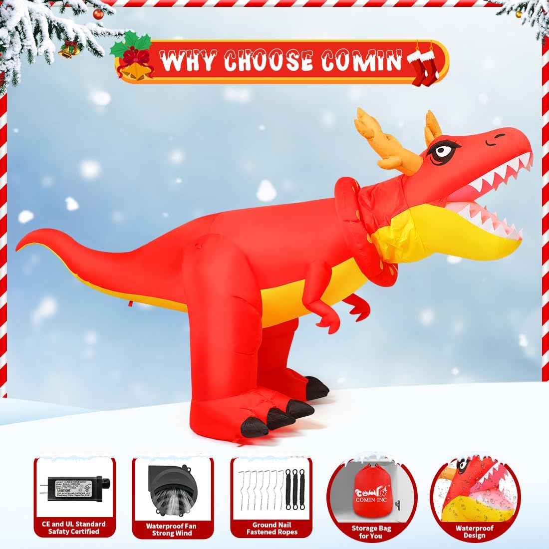 Goosh 6 FT Christmas Inflatables Outdoor Decorations Blow Up Antlers Dinosaur Inflatable with Built-in LEDs for Christmas Indoor Outdoor Yard Lawn Garden Decorations