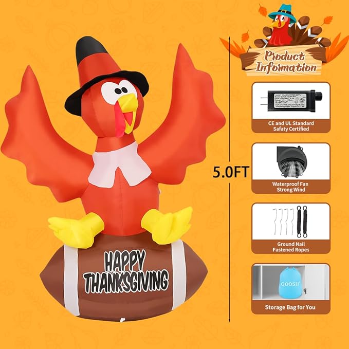 GOOSH 5 FT Thanksgiving Inflatables Turkey Outdoor Decorations Blow Up Yard Turkey with a Rugby with Built-in LEDs for Indoor Party Garden Lawn Decor