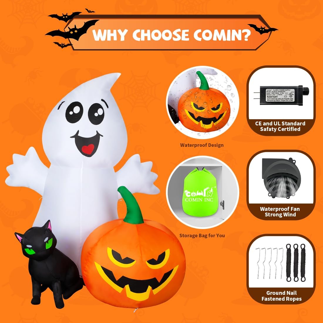 GOOSH Halloween Inflatable 5FT Ghost with Black Cat and Pumpkin, Built-in LEDs Blow Up Yard Decoration for Party Outdoor Yard Garden Lawn