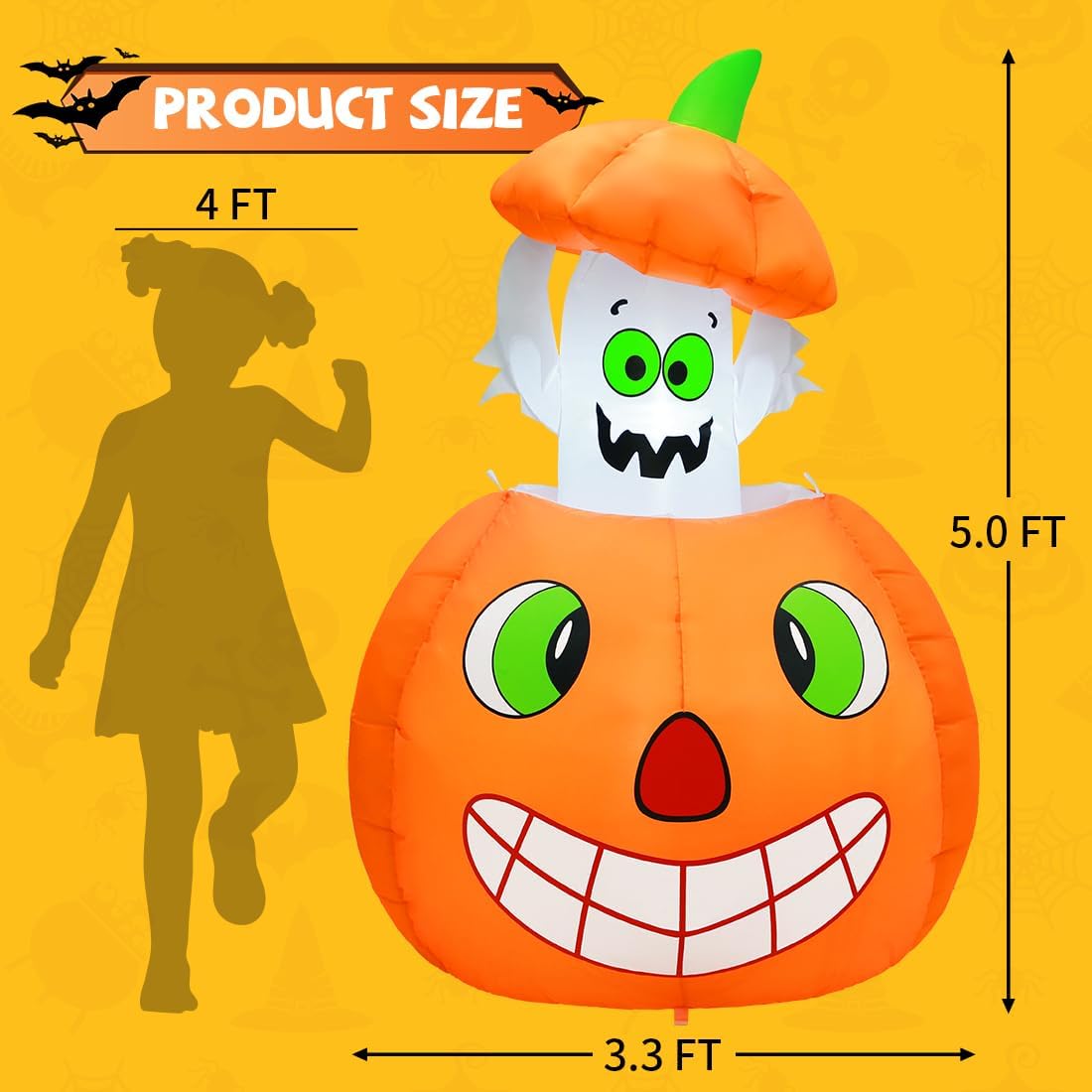 GOOSH 5 FT Halloween Inflatables Animated Pumpkin Ghost Outdoor Decorations Blow Up Yard with Built-in LEDs for Indoor Party Garden Lawn Decor
