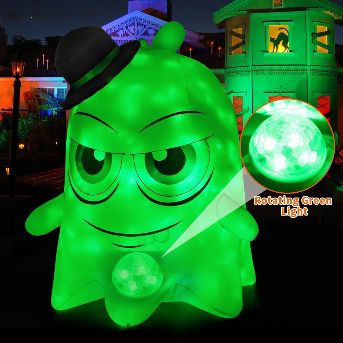 Goosh Halloween Inflatables 5 FT Green Light Ghost with Big Eyes Halloween Blow Ups Decorations with Built-in Rotating LED Lights for Holiday Party Indoor Outdoor Yard Garden Lawn