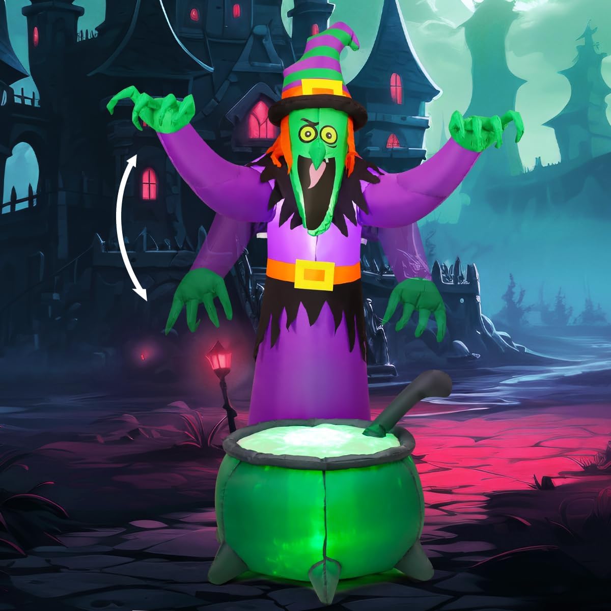 Goosh 6FT Halloween Inflatables Animated Witch Waving Hands Blow Up Outdoor Yard Decorations Garden Lawn Decor
