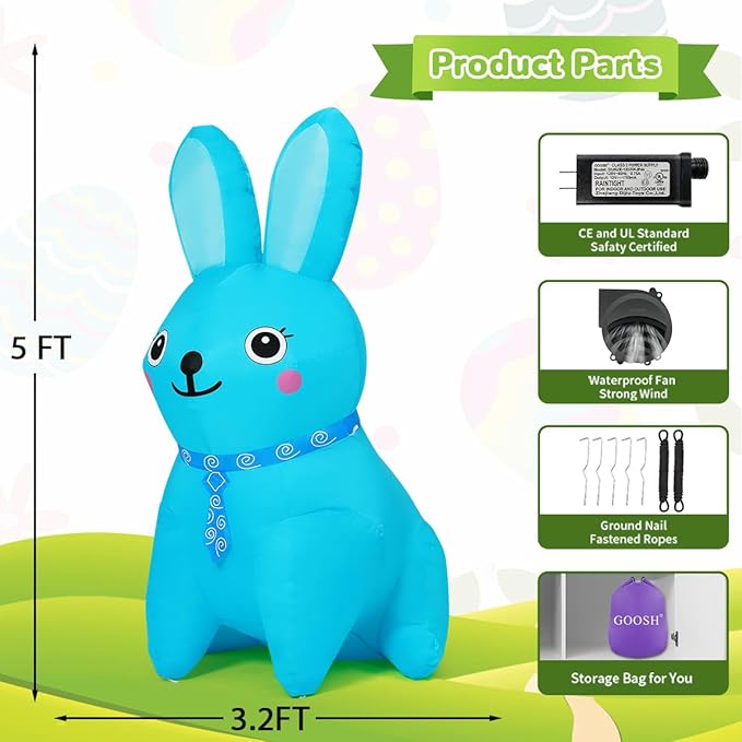 GOOSH 5 FT Easter Inflatables Bunny Outdoor Decorations Blow UP Yard Blue Rabbit for Party Garden Lawn Indoor Outdoor Decor