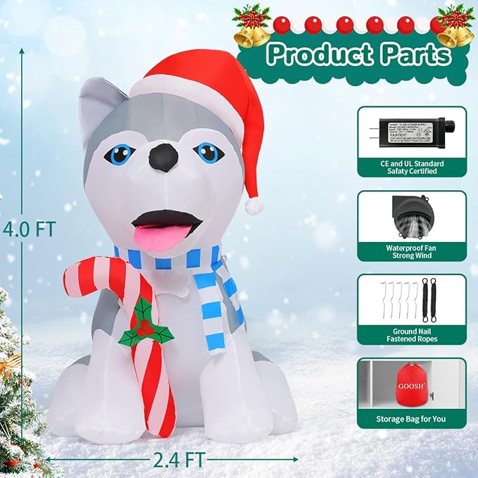 GOOSH 4 FT Christmas Inflatables Dog Outdoor Decorations Blow Up Husky Dogs Holding Candy Cane with Built-in LEDs for Xmas Party Indoor Garden Lawn Decor