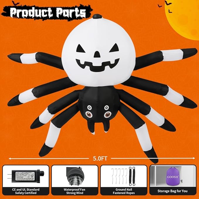 GOOSH 5 FT Width Halloween Inflatables Outdoor Decorations Spider with Magic Light, Blow Up Yard Decorations with LED Lights for Party Yard Garden Lawn