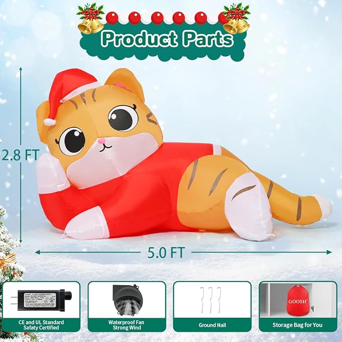 GOOSH 5 FT Christmas Cat Inflatables Outdoor Decoration, Christmas Cat Blow Up with Built-in LEDs for Christmas Indoor Outdoor Yard Lawn Garden Decorations