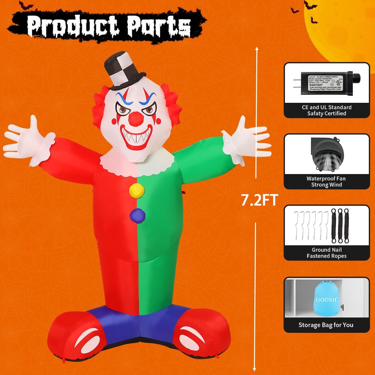 GOOSH 7.2 FT Halloween Inflatables Clown Outdoor Blow Up Yard Clown Decoration with LED Lights Built-in for Holiday Party Yard Garden
