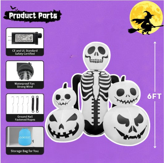 GOOSH 6FT Inflatable Skeleton with Pumpkins Light-Up Halloween Yard Decoration