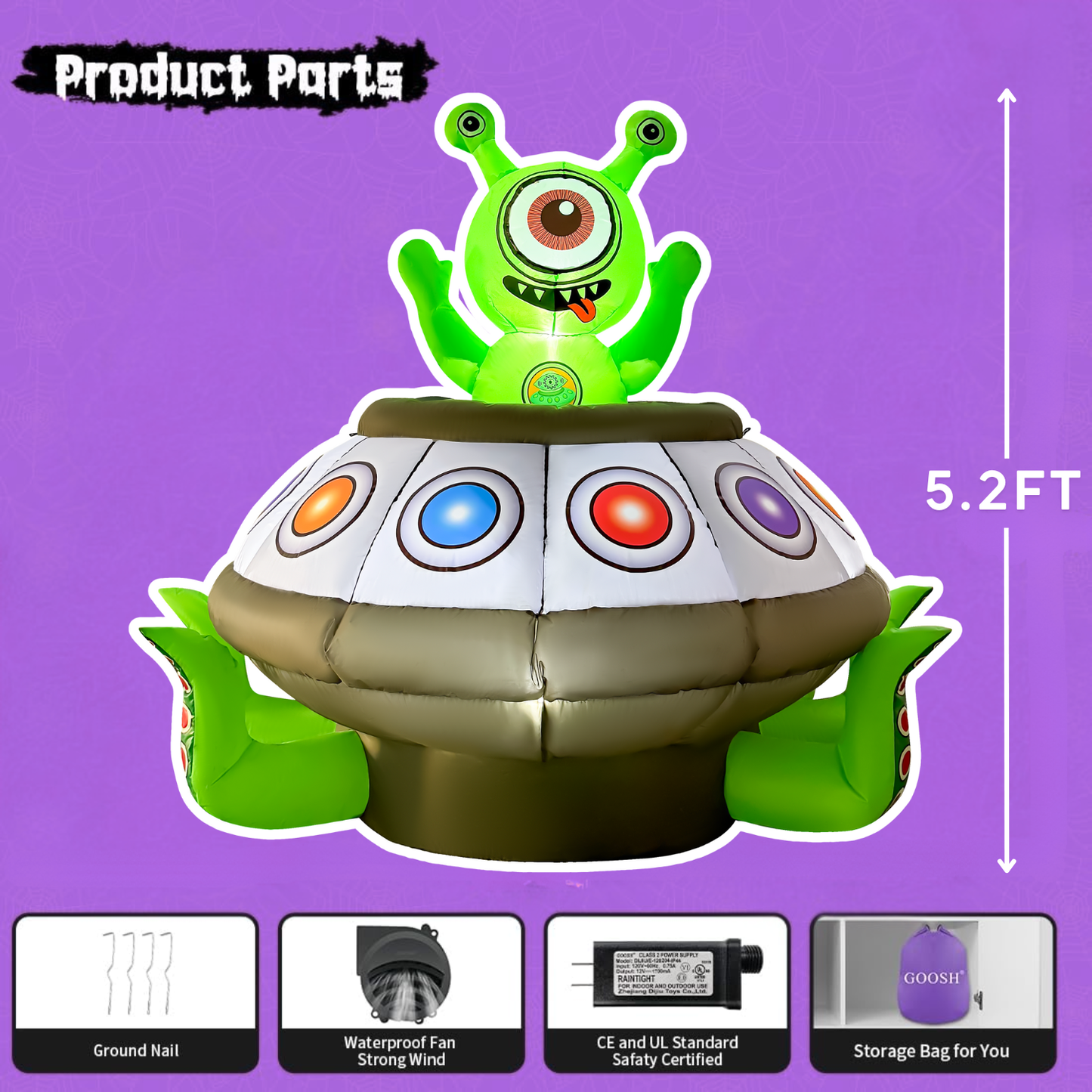GOOSH 5.2FT Animated Inflatable Alien in UFO – Light-Up Halloween Yard Decoration