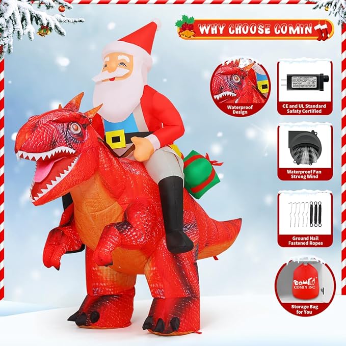 Goosh 5 FT Long Christmas Inflatables Outdoor Decorations, Blow Up Santa Claus Riding Red Dinosaur with Built-in LEDs for Christmas Indoor Outdoor Yard Lawn Garden Decorations