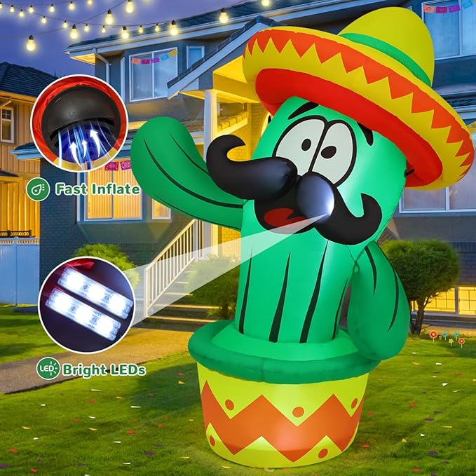 GOOSH 5 FT Cinco De Mayo Inflatables Cactus Outdoor Mexican Decorations Blow Up Yard Cactus Taco Sombrero Mexican Fiesta Party Decoration with Built-in LEDs for Indoor Garden Lawn Yard Decor