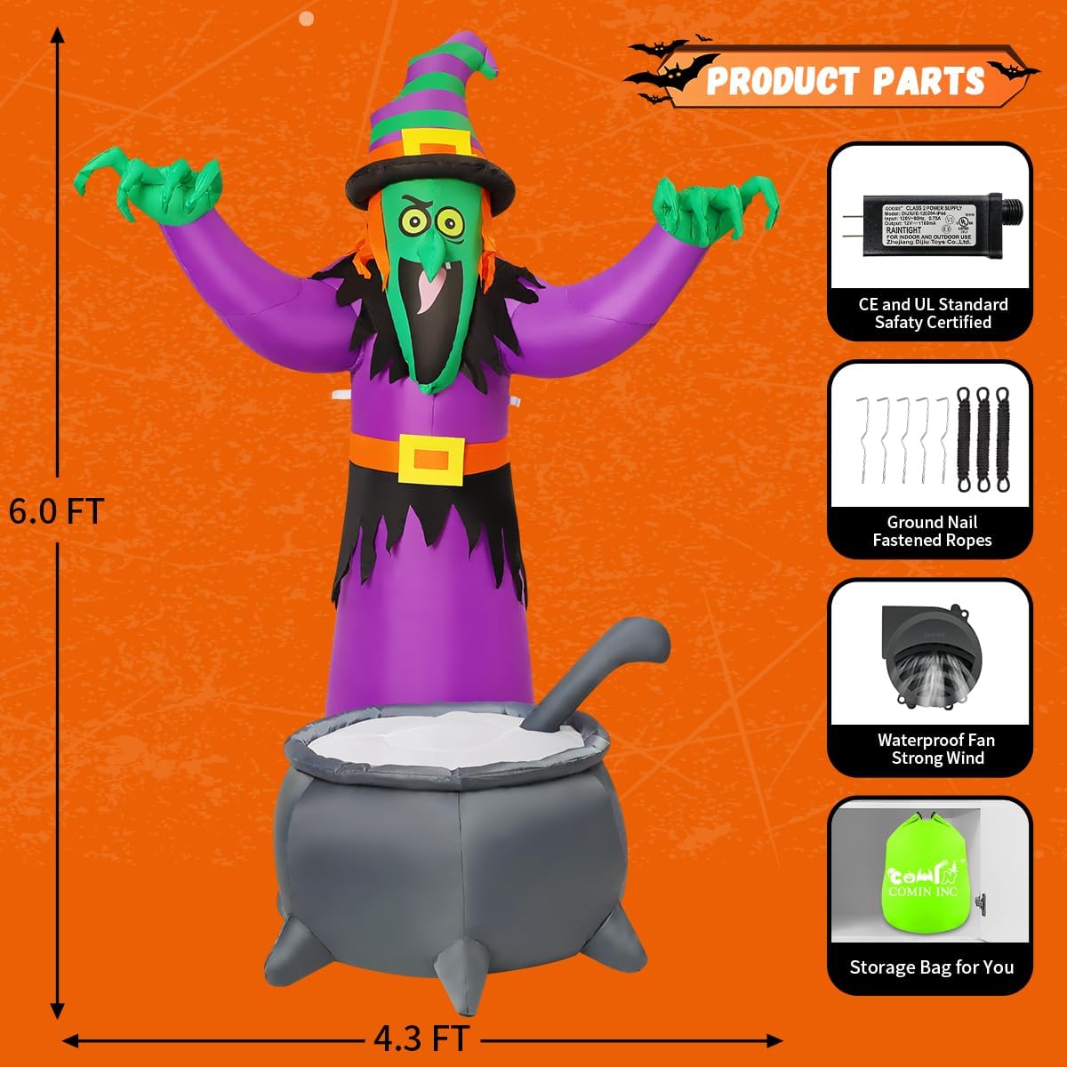 Goosh 6FT Halloween Inflatables Animated Witch Waving Hands Blow Up Outdoor Yard Decorations Garden Lawn Decor