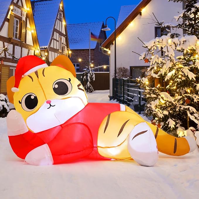 GOOSH 5 FT Christmas Cat Inflatables Outdoor Decoration, Christmas Cat Blow Up with Built-in LEDs for Christmas Indoor Outdoor Yard Lawn Garden Decorations