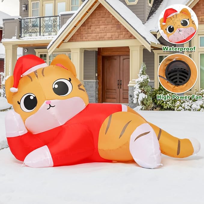 GOOSH 5 FT Christmas Cat Inflatables Outdoor Decoration, Christmas Cat Blow Up with Built-in LEDs for Christmas Indoor Outdoor Yard Lawn Garden Decorations