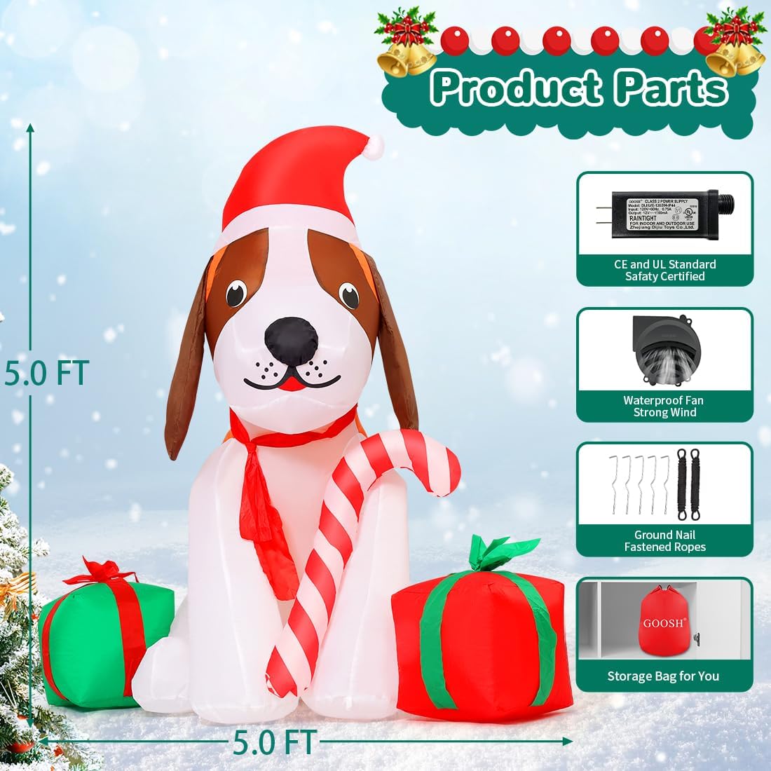 GOOSH 5 FT Christmas Inflatables Dog Outdoor Decorations Blow Up Dogs with Gift Box with Built-in LEDs for Xmas Party Indoor Garden Lawn Decor