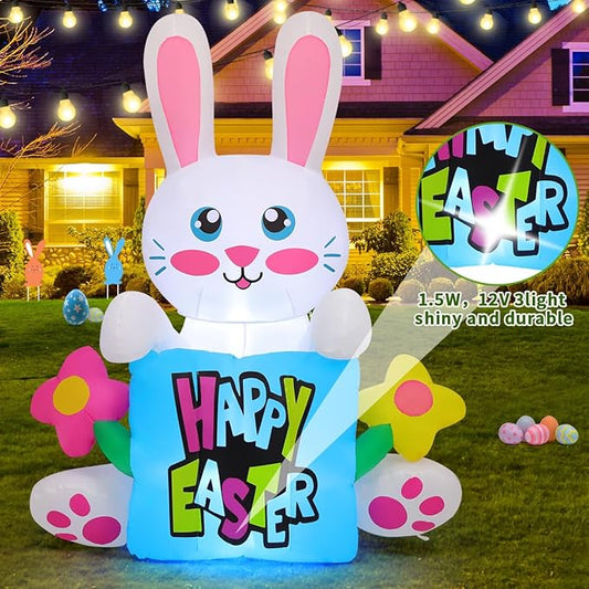 GOOSH 5.2 FT Easter Inflatables Rabbit Holding Pillow Outdoor Decorations Blow Up Colorful Flower with Built-in LEDs for Indoor Yard Garden Lawn Decoration