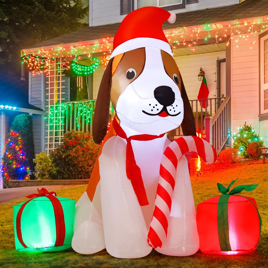 GOOSH 5 FT Christmas Inflatables Dog Outdoor Decorations Blow Up Dogs with Gift Box with Built-in LEDs for Xmas Party Indoor Garden Lawn Decor