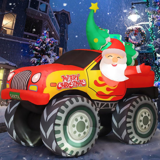 GOOSH 7.2 FT Long Christmas Inflatables Truck Outdoor Decorations Santa Claus Blow Up with Xmas Tree with Built-in LEDs for Party Indoor Yard Lawn Garden