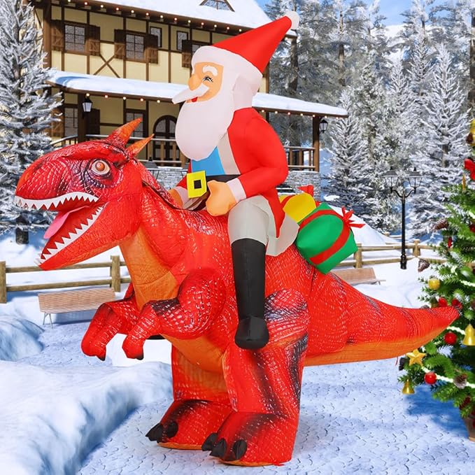 Goosh 5 FT Long Christmas Inflatables Outdoor Decorations, Blow Up Santa Claus Riding Red Dinosaur with Built-in LEDs for Christmas Indoor Outdoor Yard Lawn Garden Decorations