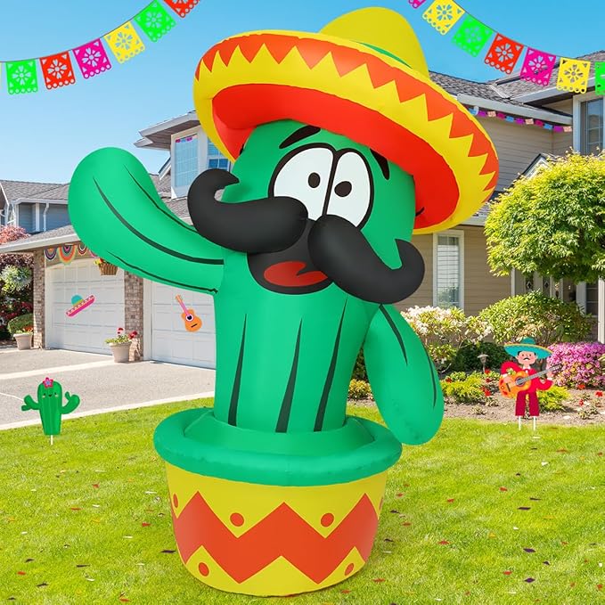 GOOSH 5 FT Cinco De Mayo Inflatables Cactus Outdoor Mexican Decorations Blow Up Yard Cactus Taco Sombrero Mexican Fiesta Party Decoration with Built-in LEDs for Indoor Garden Lawn Yard Decor