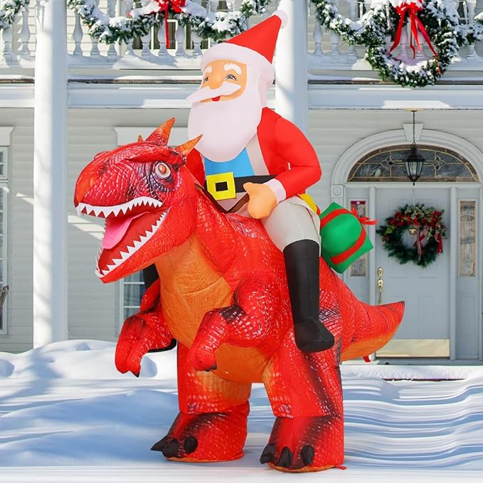 Goosh 5 FT Long Christmas Inflatables Outdoor Decorations, Blow Up Santa Claus Riding Red Dinosaur with Built-in LEDs for Christmas Indoor Outdoor Yard Lawn Garden Decorations
