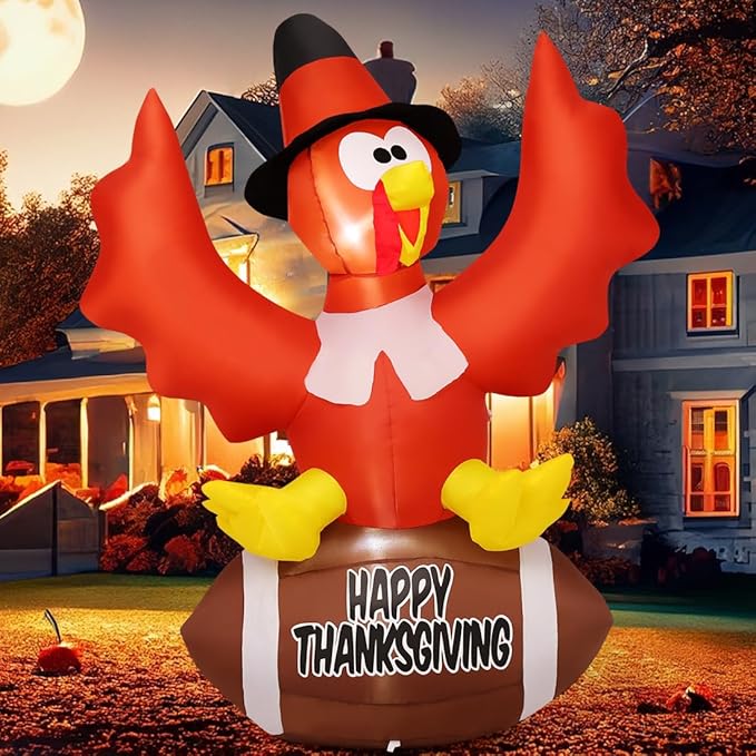 GOOSH 5 FT Thanksgiving Inflatables Turkey Outdoor Decorations Blow Up Yard Turkey with a Rugby with Built-in LEDs for Indoor Party Garden Lawn Decor