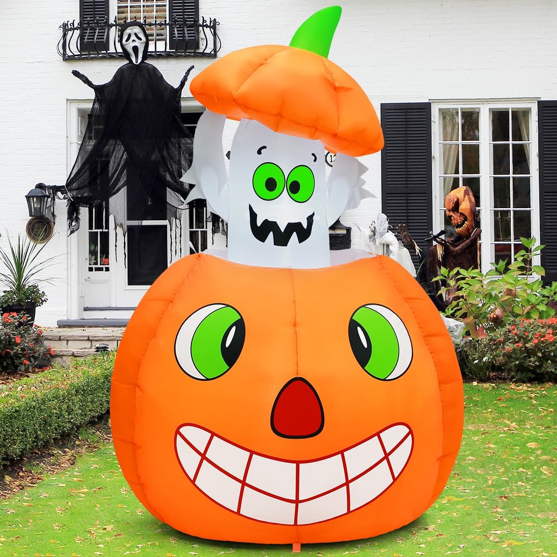 GOOSH 5 FT Halloween Inflatables Animated Pumpkin Ghost Outdoor Decorations Blow Up Yard with Built-in LEDs for Indoor Party Garden Lawn Decor
