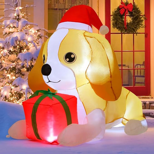 GOOSH 5 FT Long Christmas Inflatables Dog Outdoor Decorations Blow Up Yard Cute Puppy with a Present Box with Built-in LEDs for Xmas Garden Lawn Indoor Party Decor