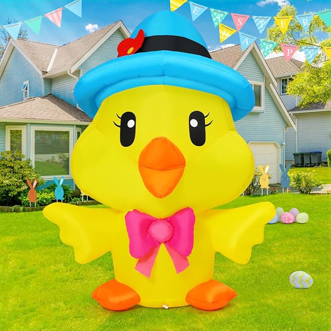 GOOSH 5.2 FT Easter Inflatables Chicken Outdoor Decorations Blow Up Yard with The Blue Hat with Built-in LEDs for Indoor Party Garden Lawn Decor