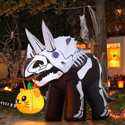 GOOSH 6.5 FT Long Halloween Inflatables Dinosaur Outdoor Decorations Blow Up Yard Scary Skeleton Triceratops with Built-in LEDs for Indoor Party Garden Lawn Decor