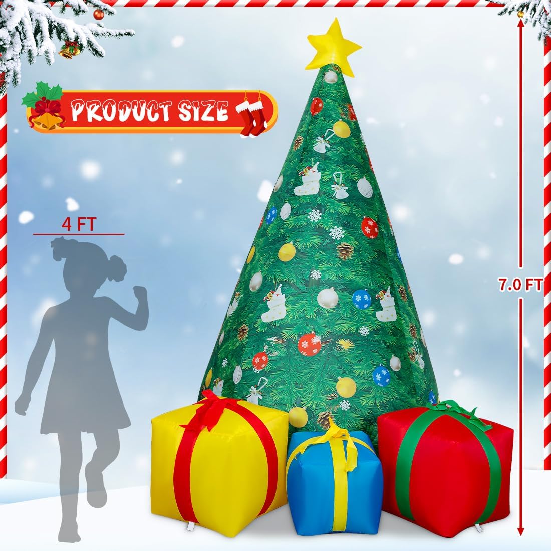 GOOSH 7 FT Tall Christmas Inflatables Tree Decorations Outdoor, Blow up Christmas Tree Yard Decor with LED Lights Star Treetop & Colorful Candy for Xmas Holiday Party Indoor Garden Patio Display Hall Lawn