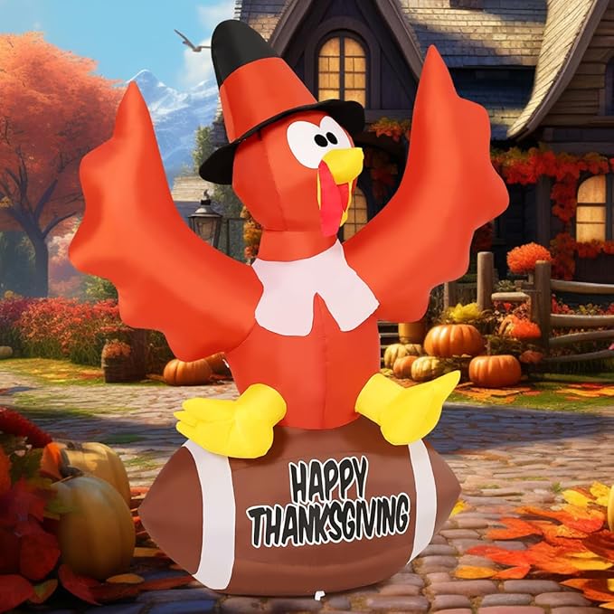 GOOSH 5 FT Thanksgiving Inflatables Turkey Outdoor Decorations Blow Up Yard Turkey with a Rugby with Built-in LEDs for Indoor Party Garden Lawn Decor
