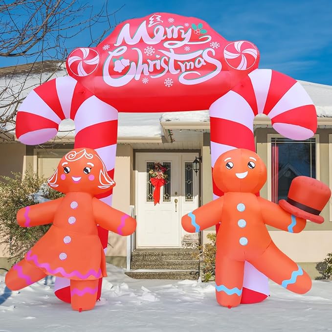 GOOSH 9.6 FT Christmas Inflatables Archway Outdoor Decorations Blow Up Yard Cute Candy Cane Archway with Couple Gingerbread with Built-in LEDs for Xmas Garden Lawn Indoor Party Decor