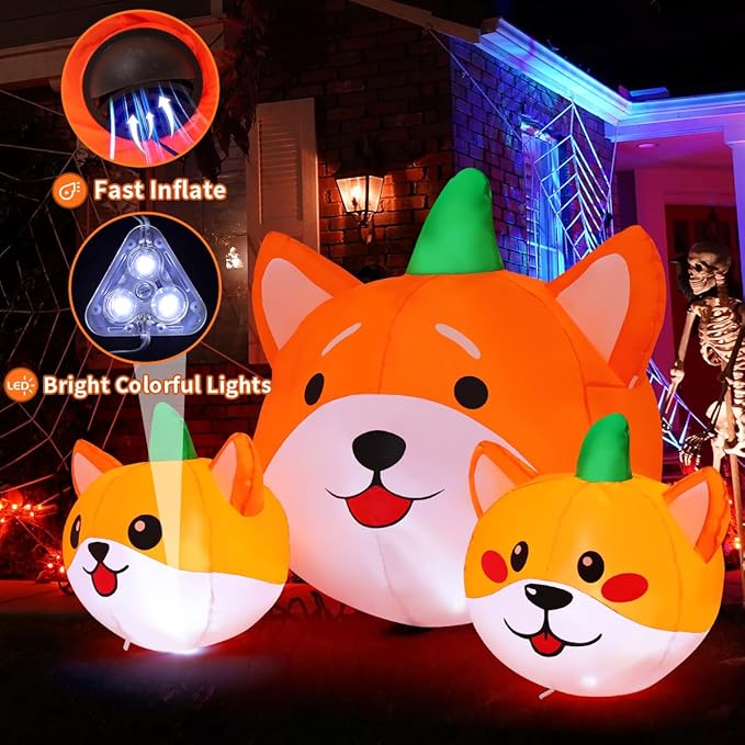 GOOSH 5 FT Long Halloween Inflatables Pumpkin Dog Outdoor Decorations Blow Up Yard Dog Head Combo Decoration with Built-in LEDs for Indoor Party Garden Lawn Holiday Decor